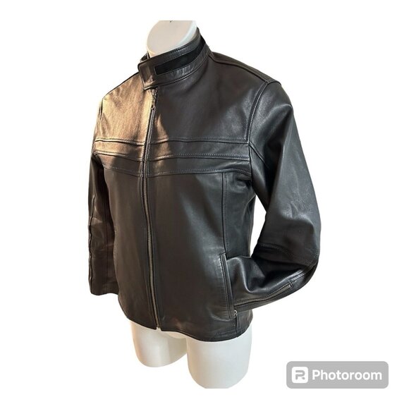Vtg Pops Black Soft Leather Jacket Full Zip Blue Stitching Unisex Medium Large - Picture 2 of 12